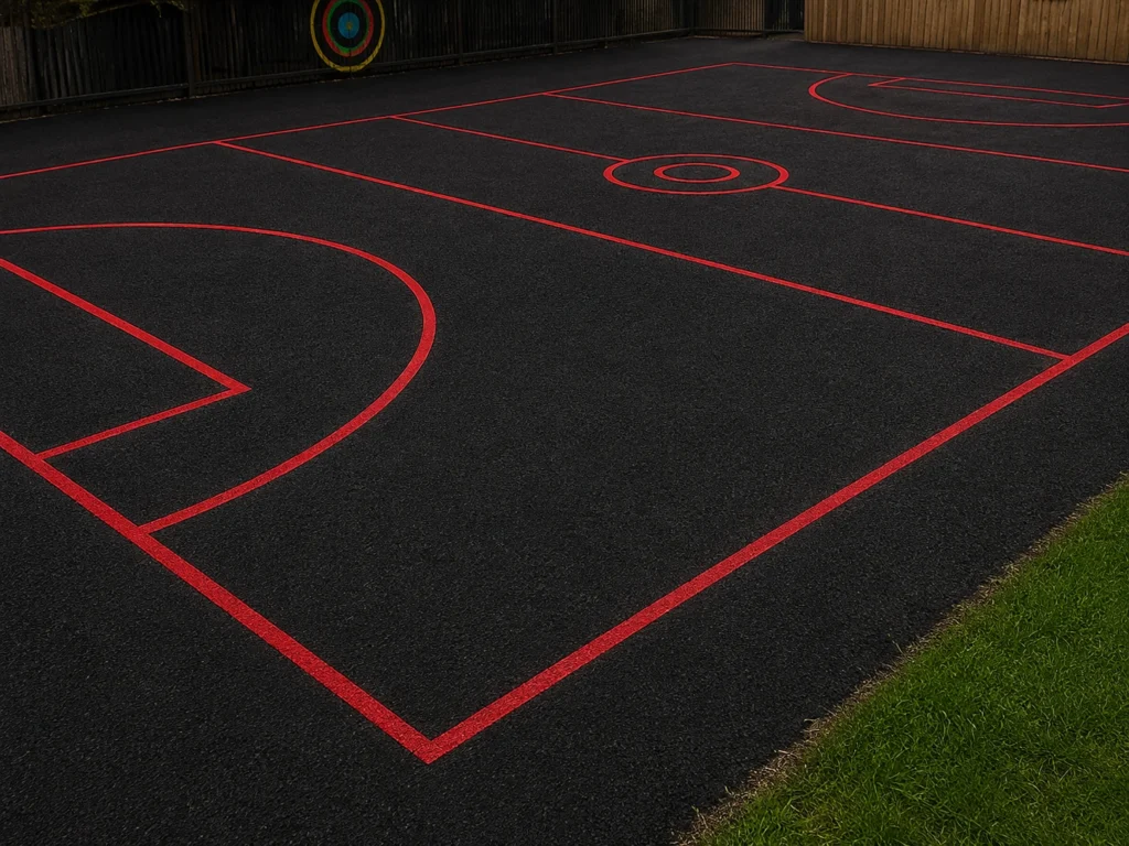 Multi use playground marking with sports court lines for schools and recreational spaces.
