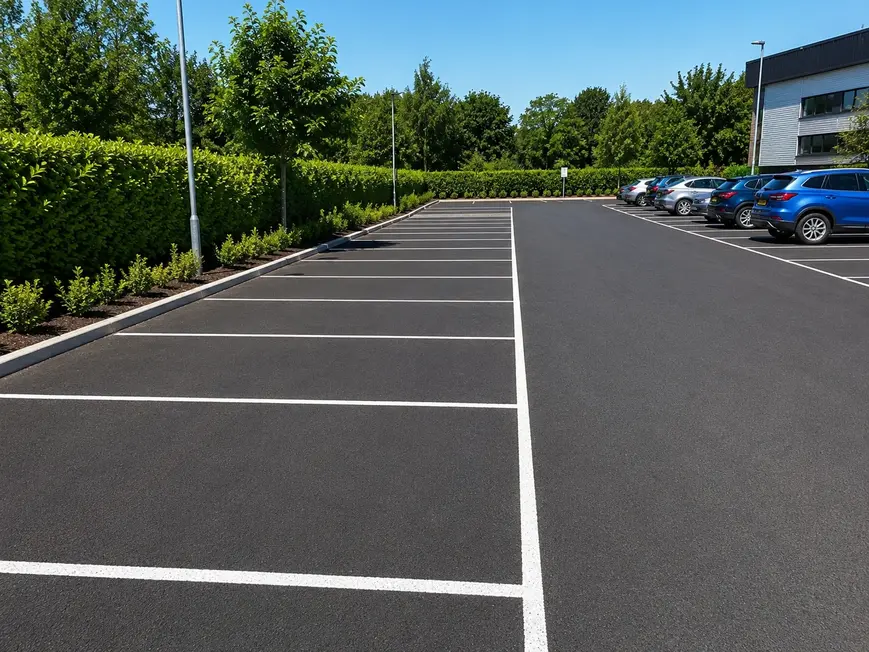 Freshly marked car parking bays with clear white line markings on a professionally laid commercial car park.