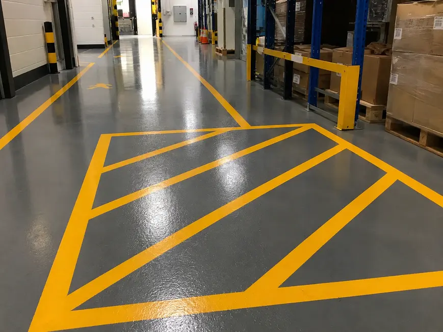 Yellow warehouse line markings creating a clearly defined safety exclusion zone on an industrial warehouse floor.