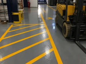 Warehouse floor with yellow pedestrian walkway markings and a forklift operating in a clearly marked vehicle area.