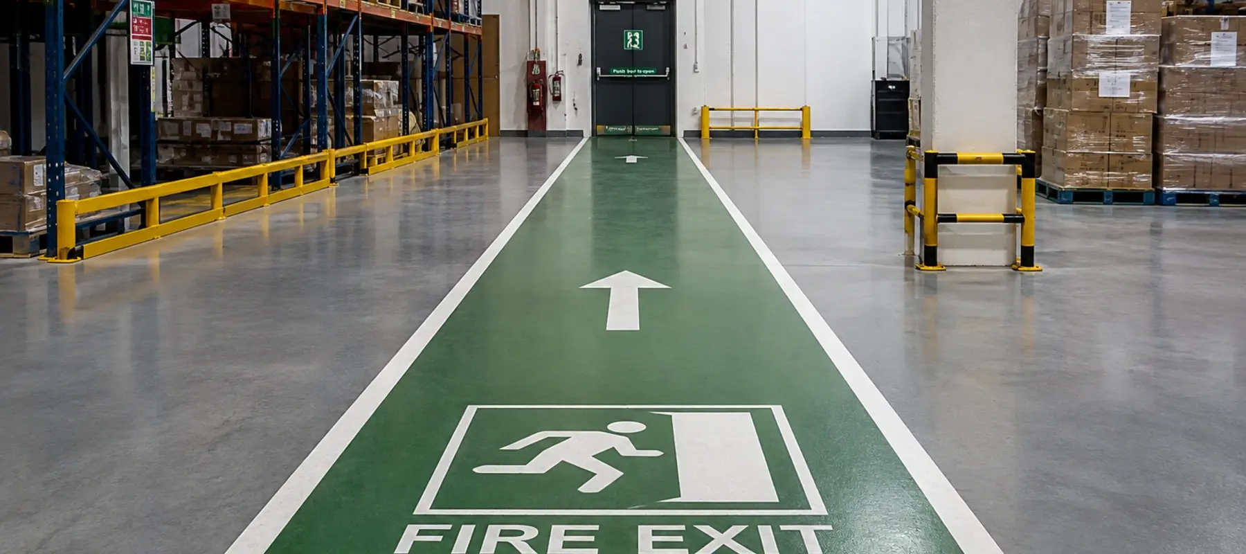 Fire exit floor markings showing a clearly marked emergency route through a warehouse