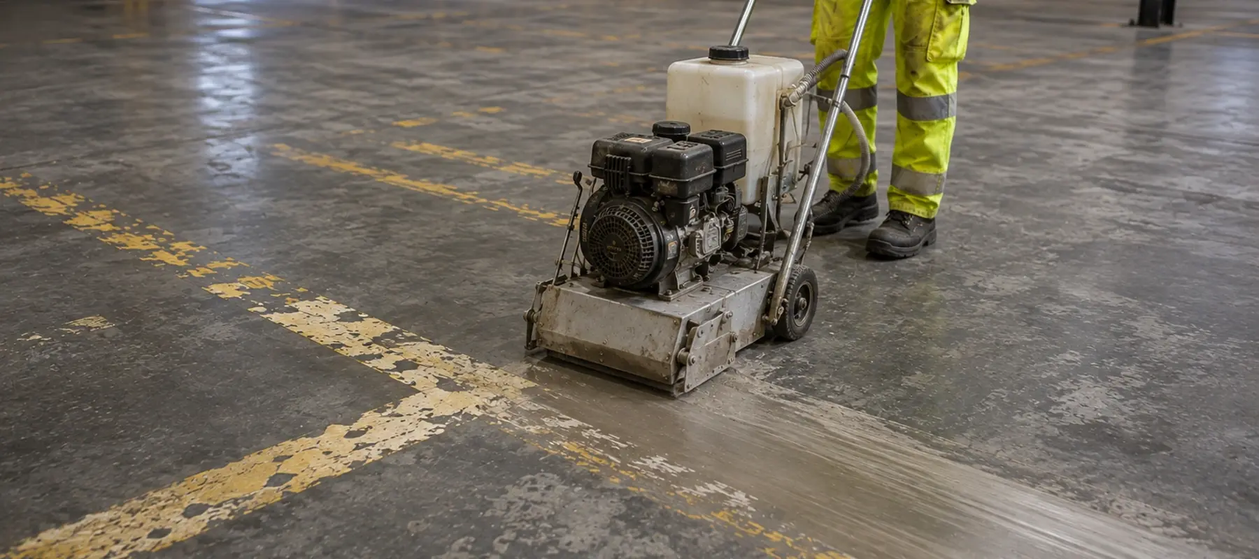 orker using specialist equipment to remove old line marking paint from a warehouse floor